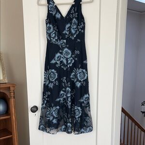 Elegant Floral Midi Dress in Navy Blue